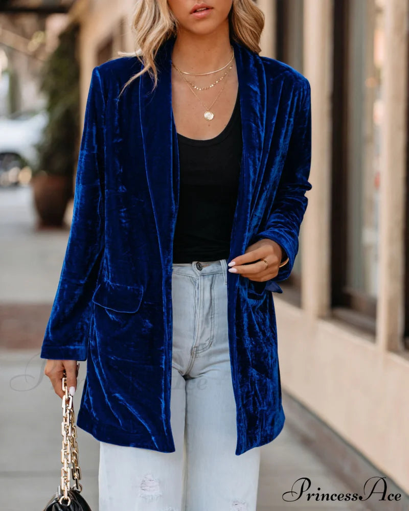 Blue Velvet Blazer With Pockets Coats-L