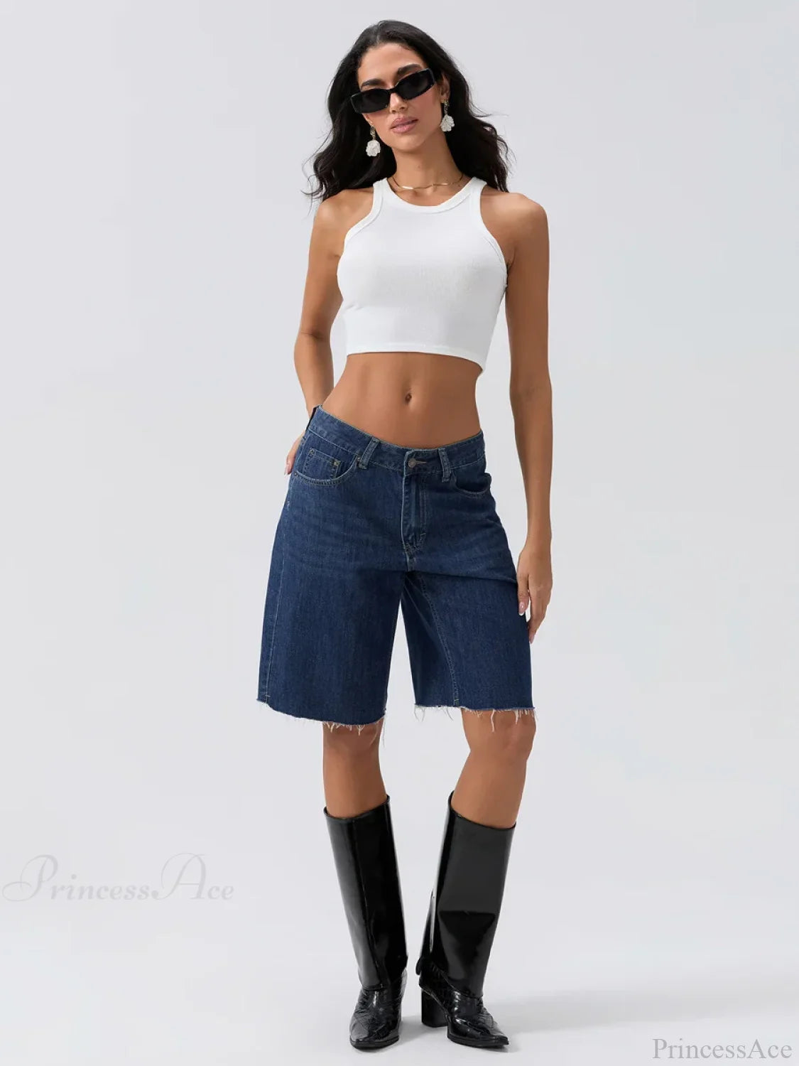 Blue Wide-Leg Denim Short short-250223