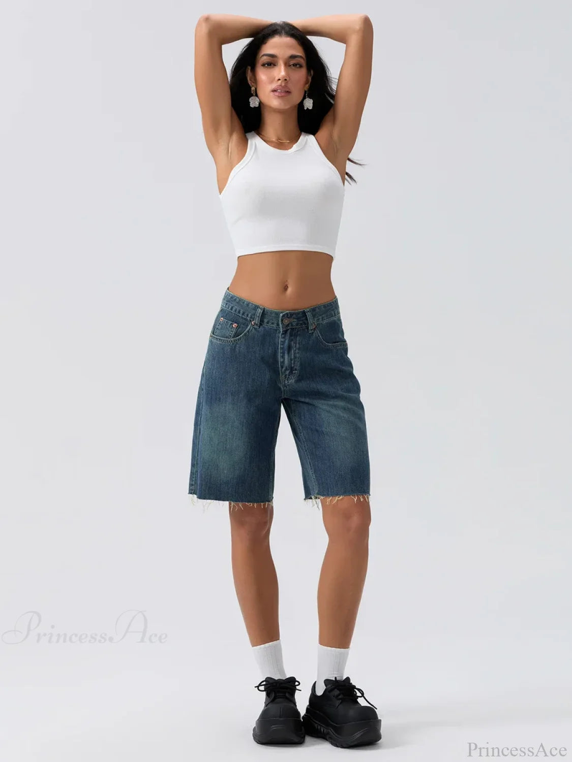 Blue Wide-Leg Denim Short short-250223