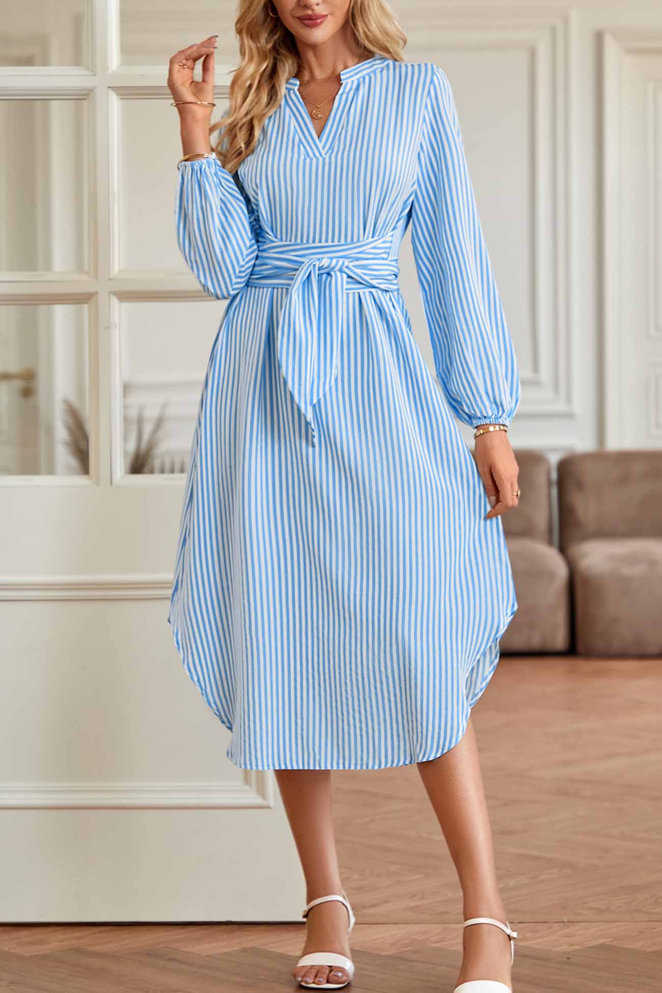 Striped V Neck Tie Waist Long Sleeve Midi Dress