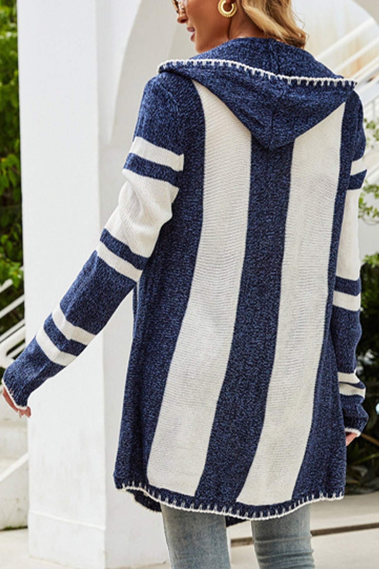 Contrast with Striped Cardigan Hooded Mid-Length Design