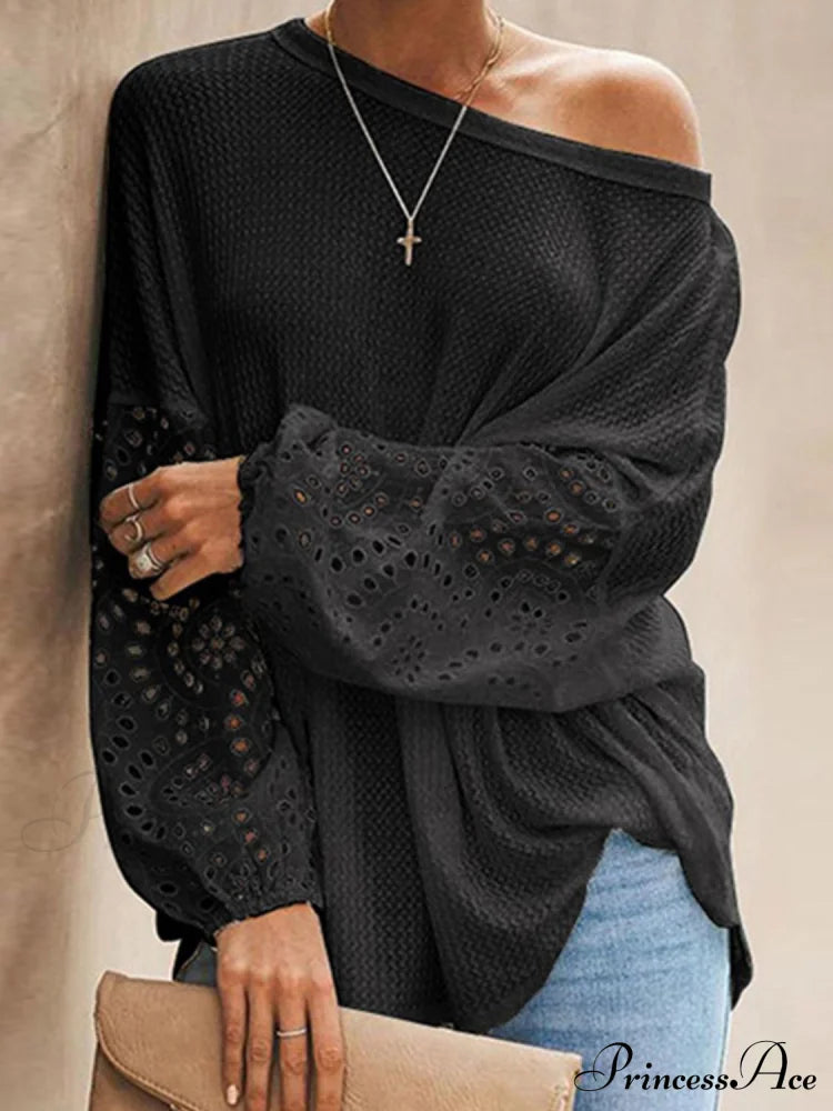 Openwork Dropped Shoulder Boat Neck Blouse Black blouse clothes long sleeve shirts long sleeve top Romantichut Ship From Overseas Shipping Delay 09/29/2023 - 10/04/2023 top tops trend