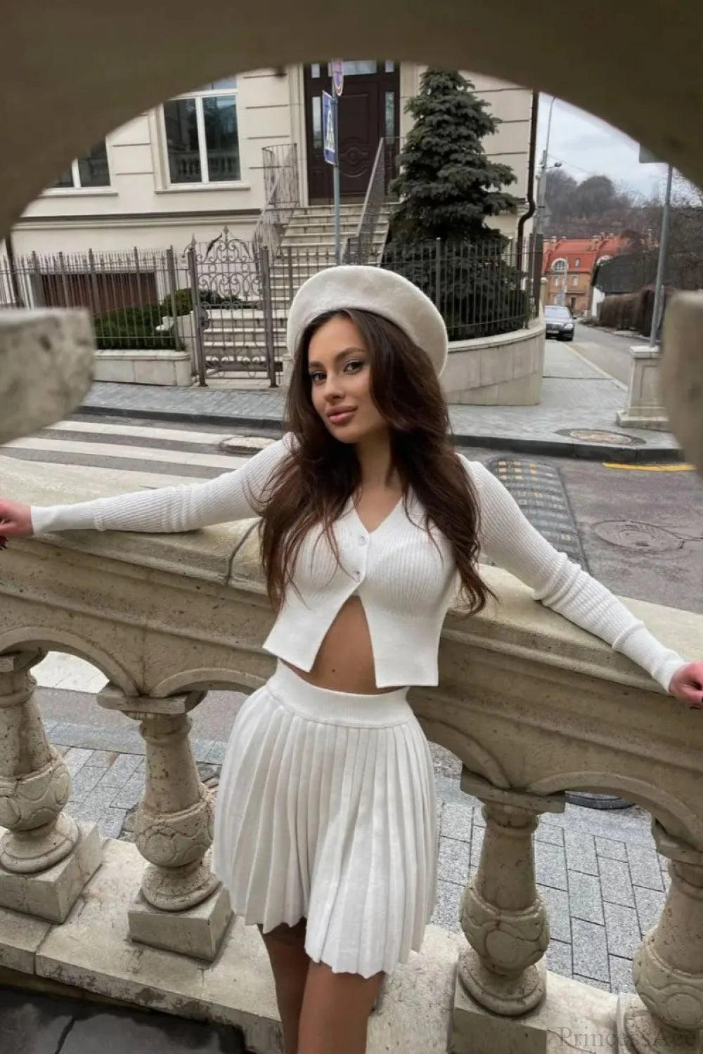 Bodycon Cropped Knit Pleated Two Piece Set White / S