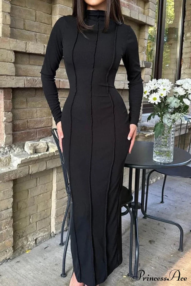 Bodycon Dress With Crew Neck And Slit Black / S Midi Dresses