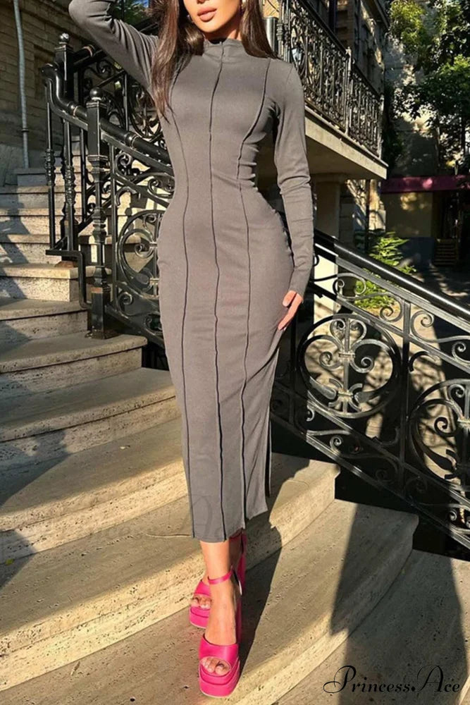 Bodycon Dress With Crew Neck And Slit Grey / Xl Midi Dresses