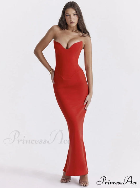 Bodycon - Off-Shoulder Fishbone Party Gown Club For Strapless Elegant Full-Length Women Night Red /