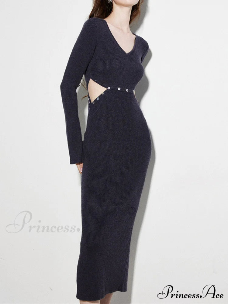 Bodycon V-Neck Cut Out Patchwork Button Sophisticated Detail Slit Long Sleeve Sweater Dress