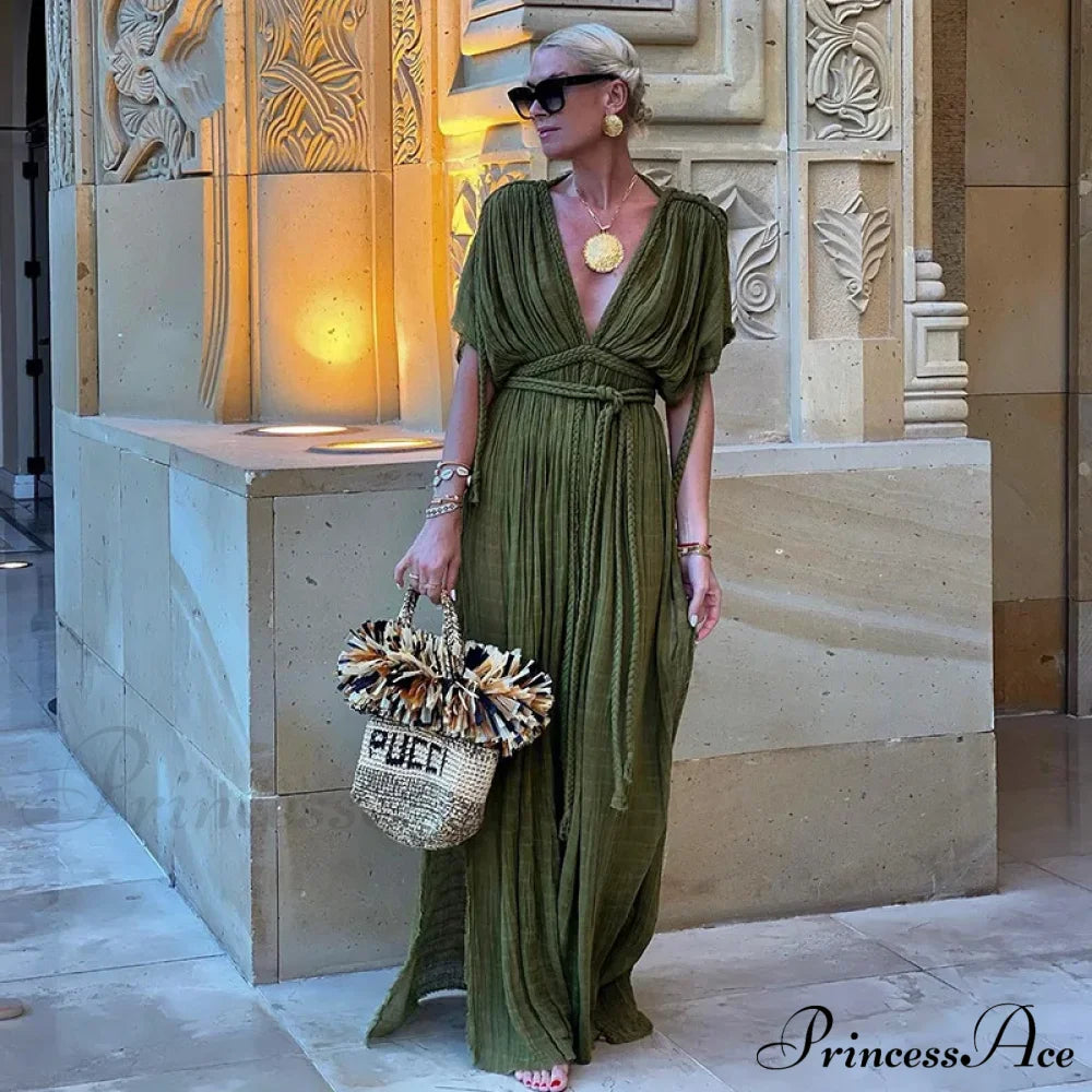 Bohemia Holiday Dress Elegant Solid Casual Loose Long Dresses Summer Christmas Party Green / One