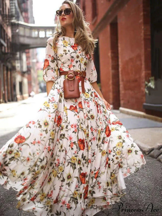 Bohemia Maxi Dress With Floral Round Neck And Half Sleeves S / Green Dresses