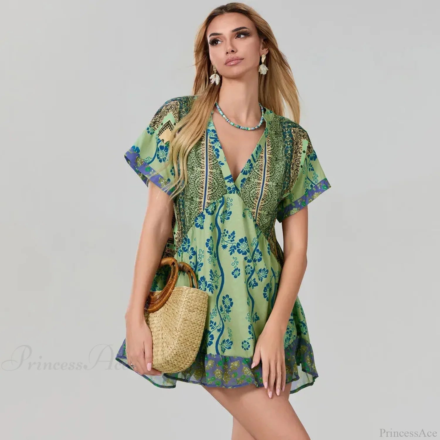Bohemian Beach Floral Print Flowy Dress with Pockets cloro3 / S oldfloraldress-250126