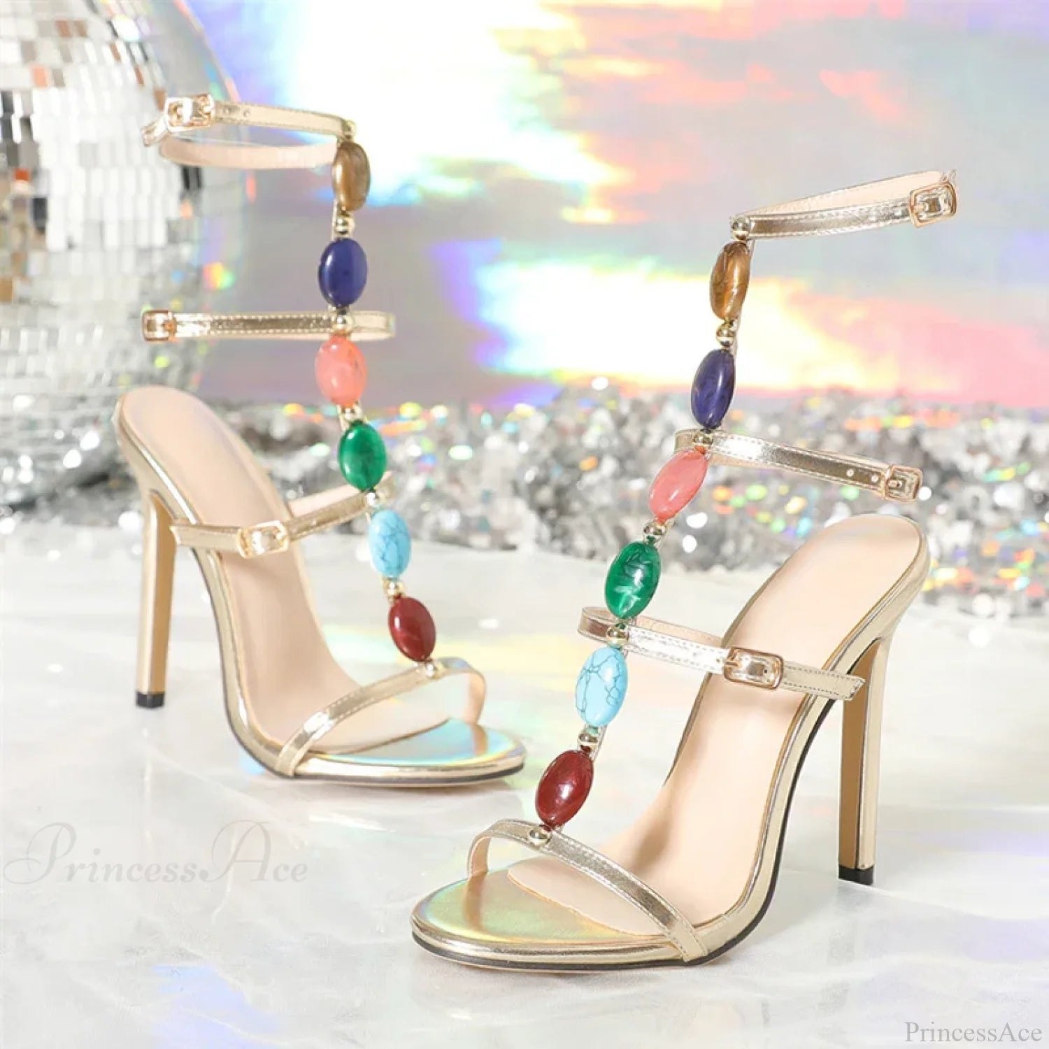 Bohemian Colourful Gem Strap Gladiator High Heels Open-Toe Wedding Banquet Summerfashion Heel