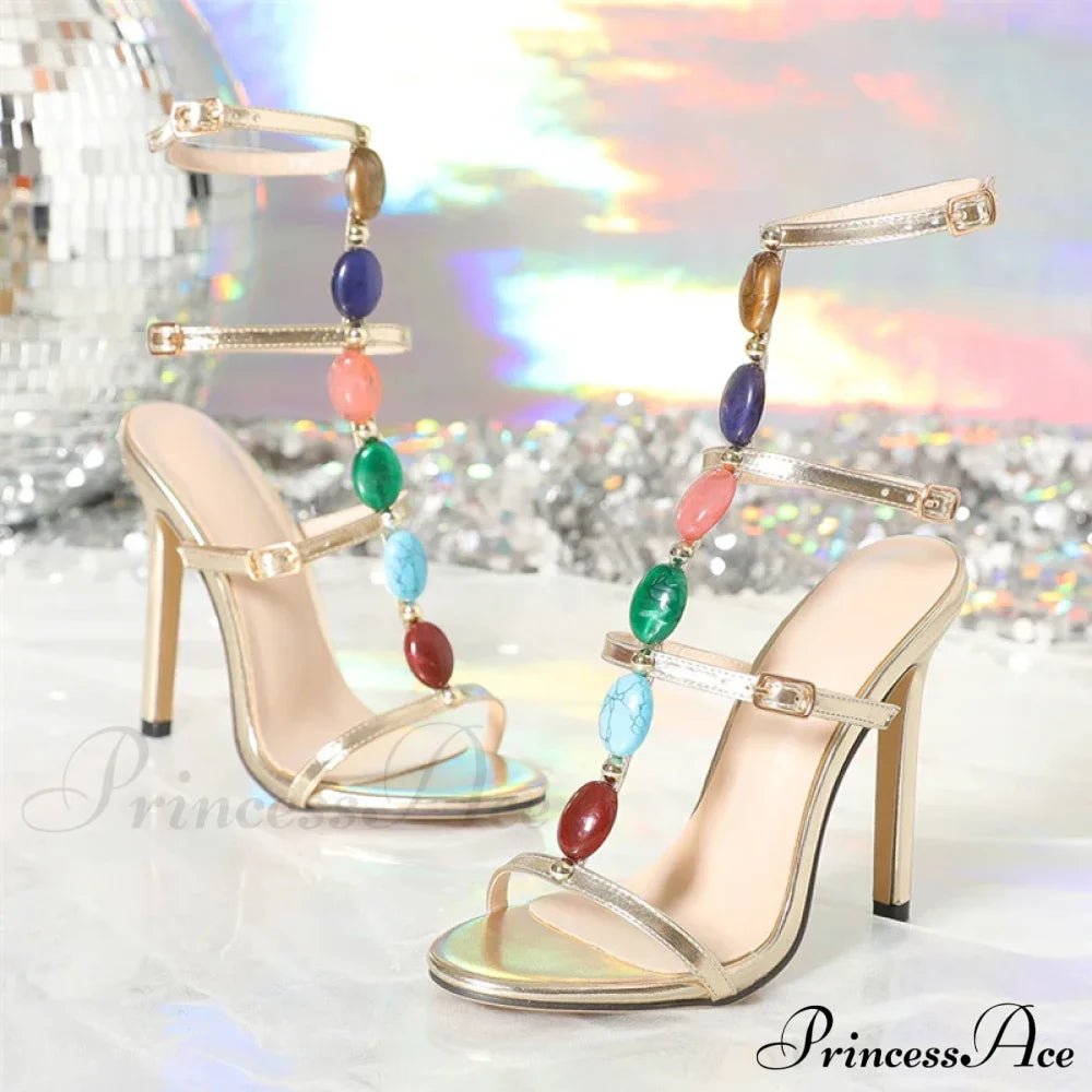 Bohemian Colourful Gem Strap Gladiator High Heels Open-Toe Wedding Banquet Summerfashion Heel