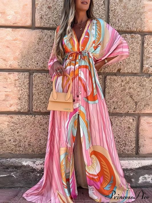 Bohemian Feather Wrap Maxi Gown In Sunset Hues