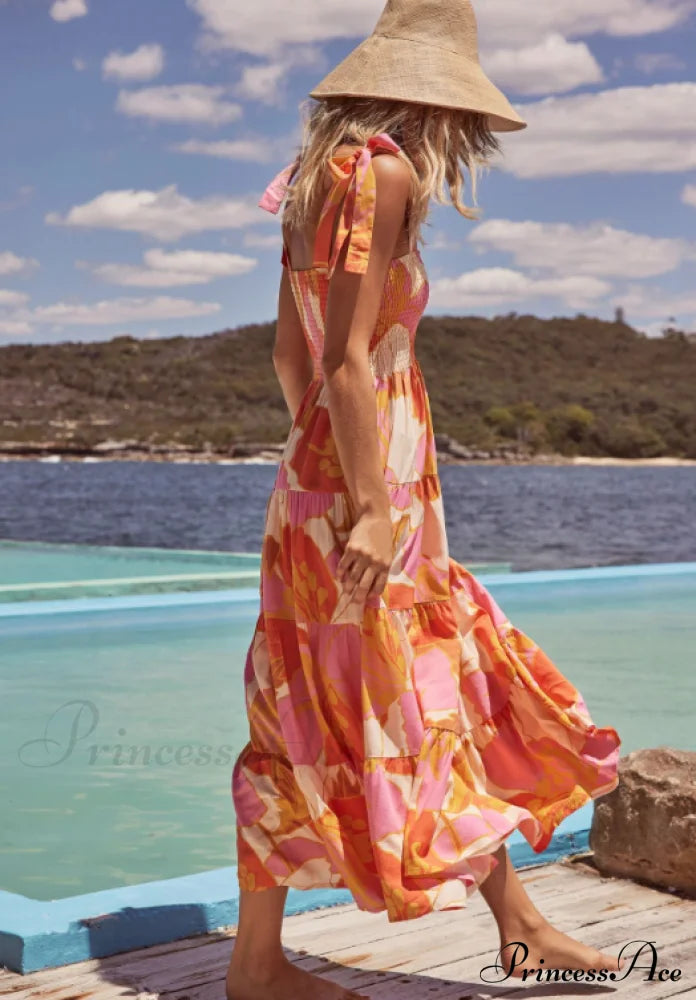 Bohemian Festive Warm-Season Elastic Gown Design With Coastal Women Tie Sundress Up Straps L /