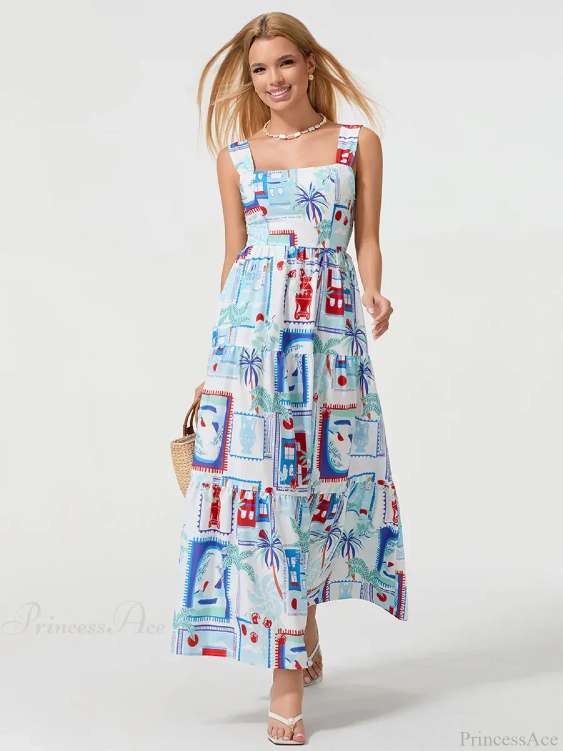 Bohemian Floral Geometric Print Flow Tank Square Neck Sleeveless A-Line Dress BLUE2 / S floraldress-250126