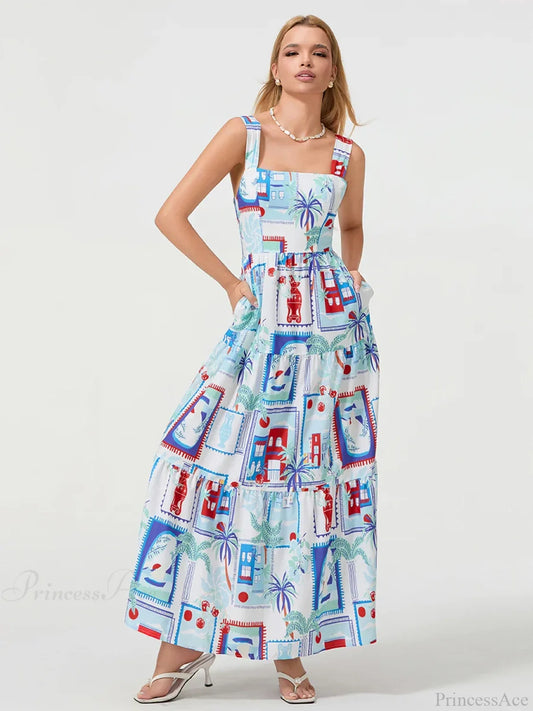 Bohemian Floral Geometric Print Flow Tank Square Neck Sleeveless A-Line Dress floraldress-250126