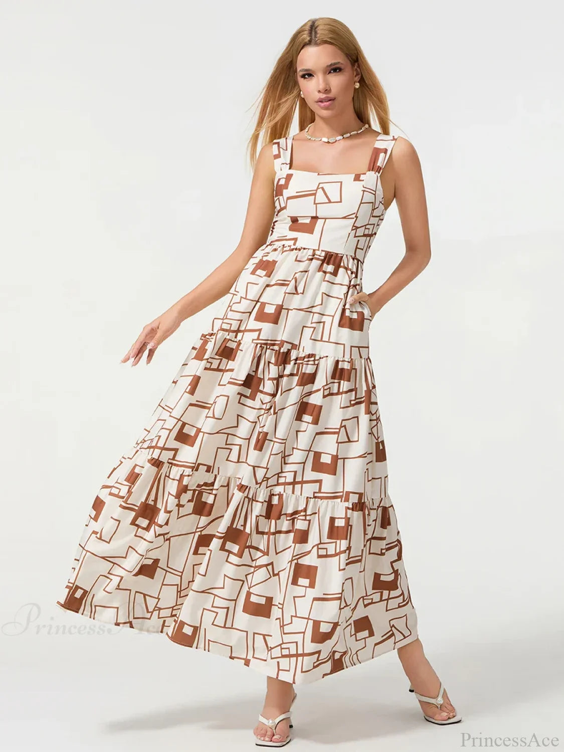 Bohemian Floral Geometric Print Flow Tank Square Neck Sleeveless A-Line Dress WHITE / S floraldress-250126