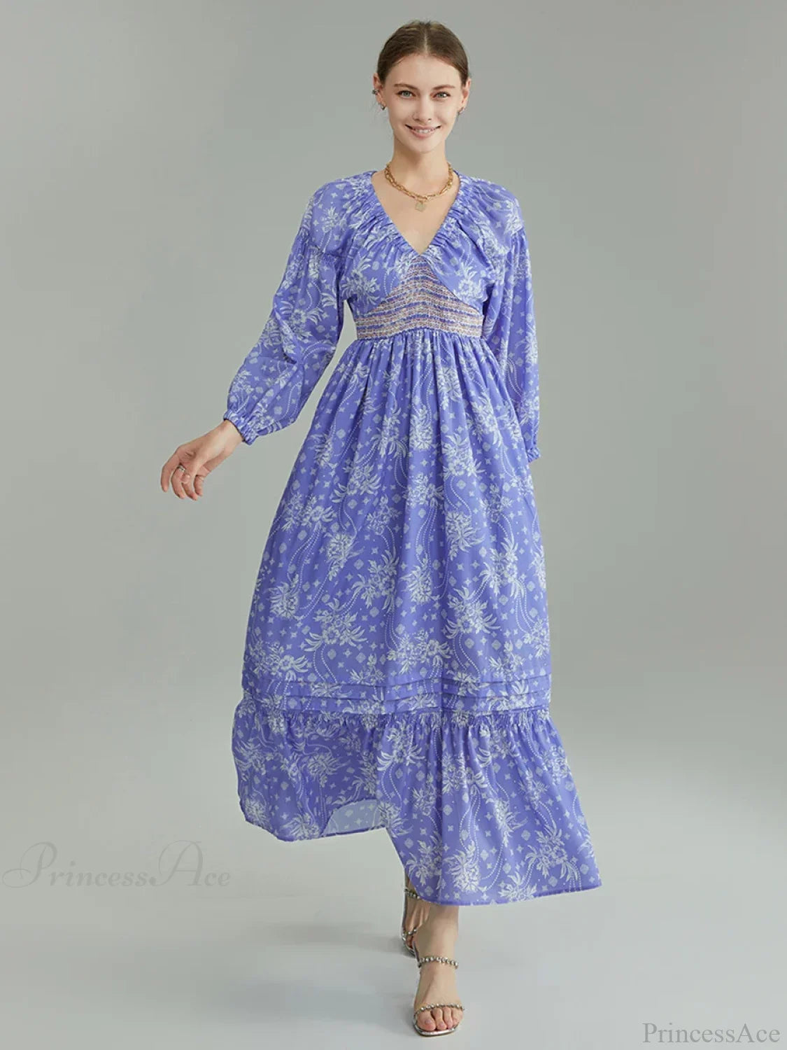 Bohemian Floral Print Puff Sleeve Swing Floral Dress floraldress-250126