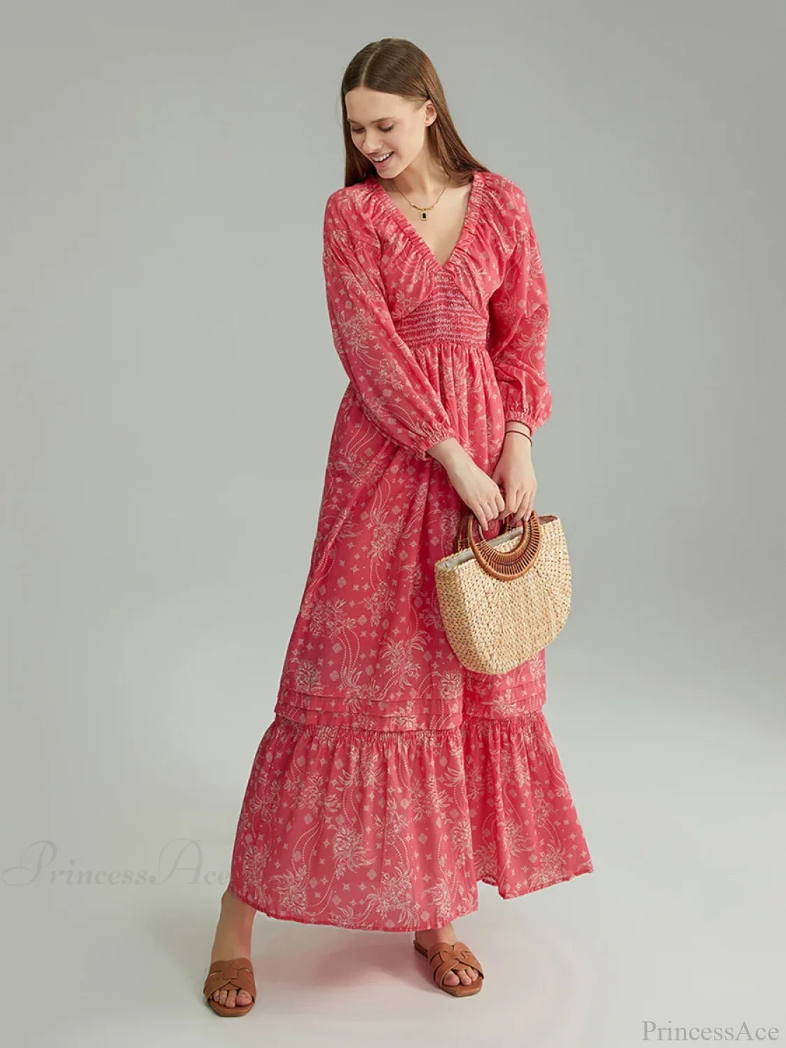 Bohemian Floral Print Puff Sleeve Swing Floral Dress RED1 / S floraldress-250126