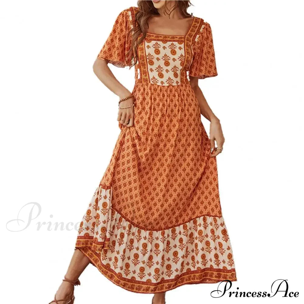 Bohemian Floral Print Ruffle Short Sleeve Women Boho Dress Dark Orange / S