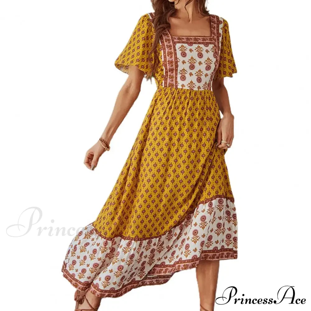 Bohemian Floral Print Ruffle Short Sleeve Women Boho Dress Yellow / S