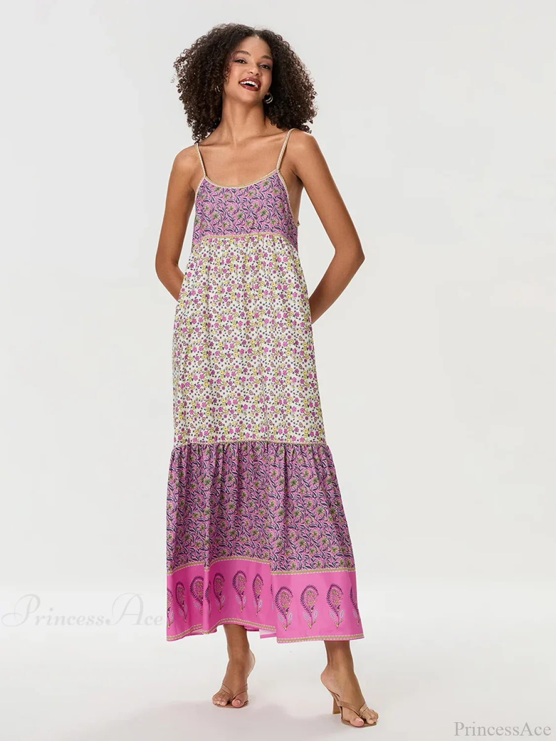 Bohemian Floral Spaghetti Strap Ruched Floral Dress floraldress-250126