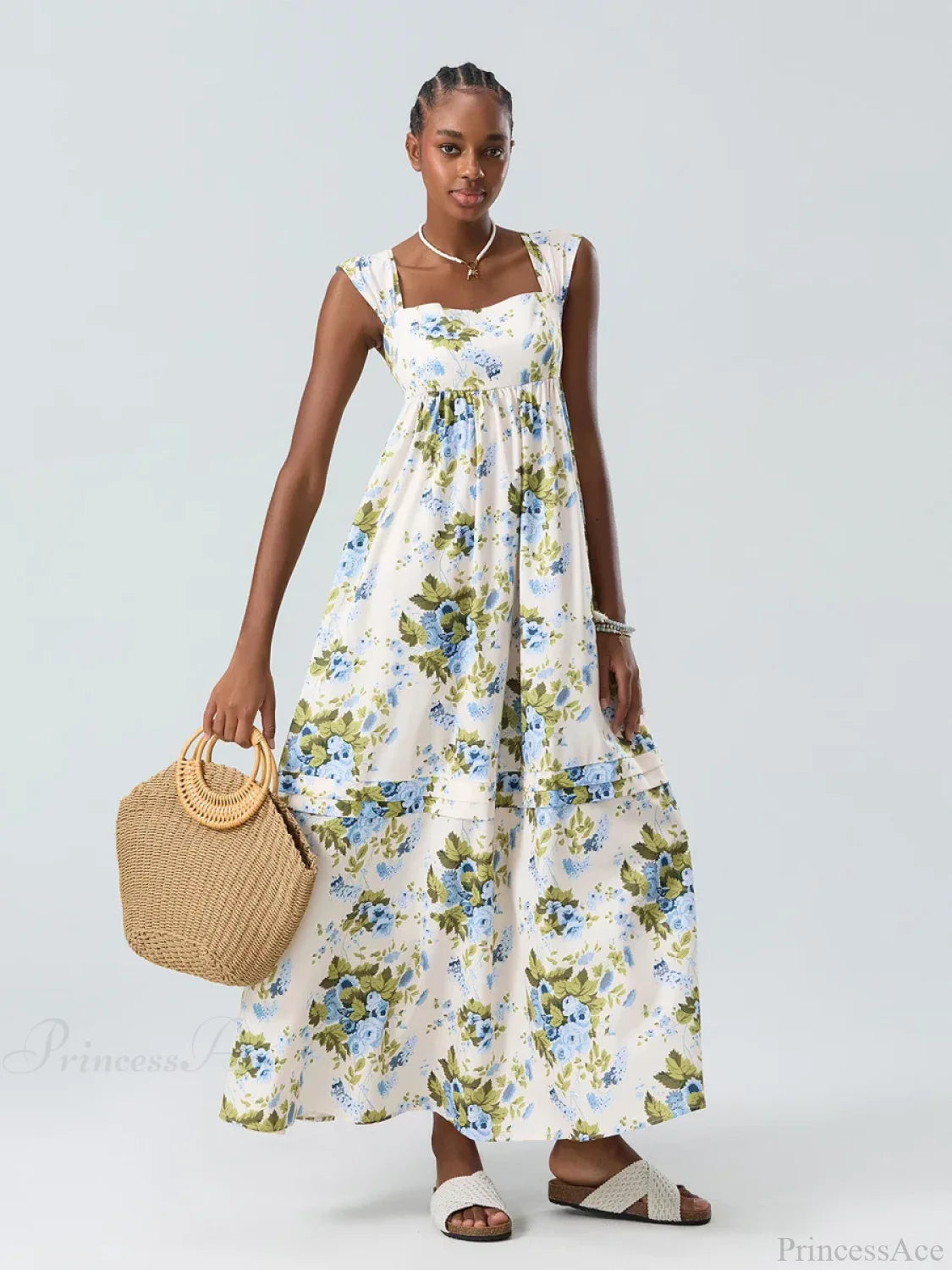 Bohemian Floral Tank Back Tied Square Neck Ruffle Flowy Floral Dress floraldress-250126