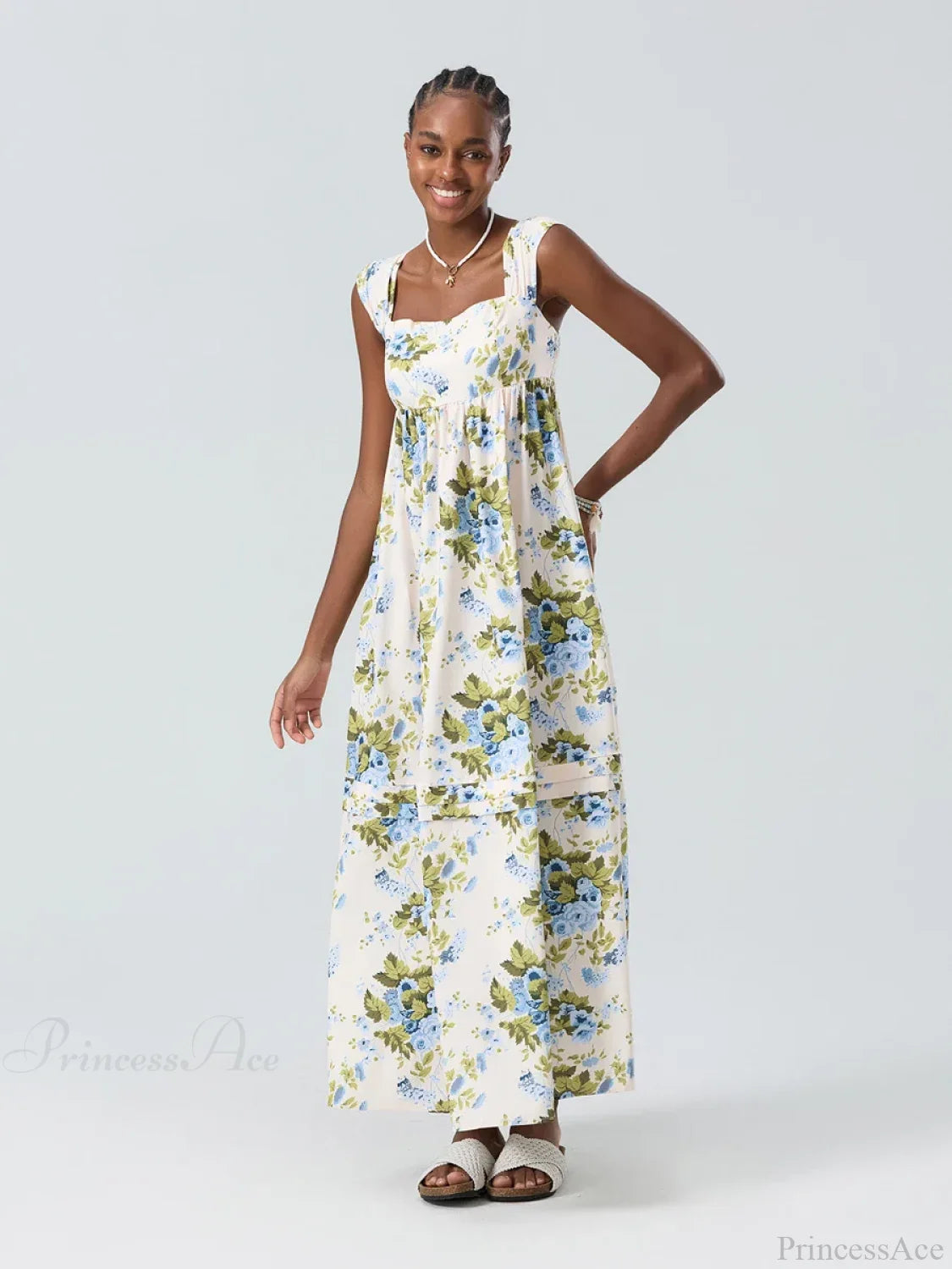Bohemian Floral Tank Back Tied Square Neck Ruffle Flowy Floral Dress floraldress-250126