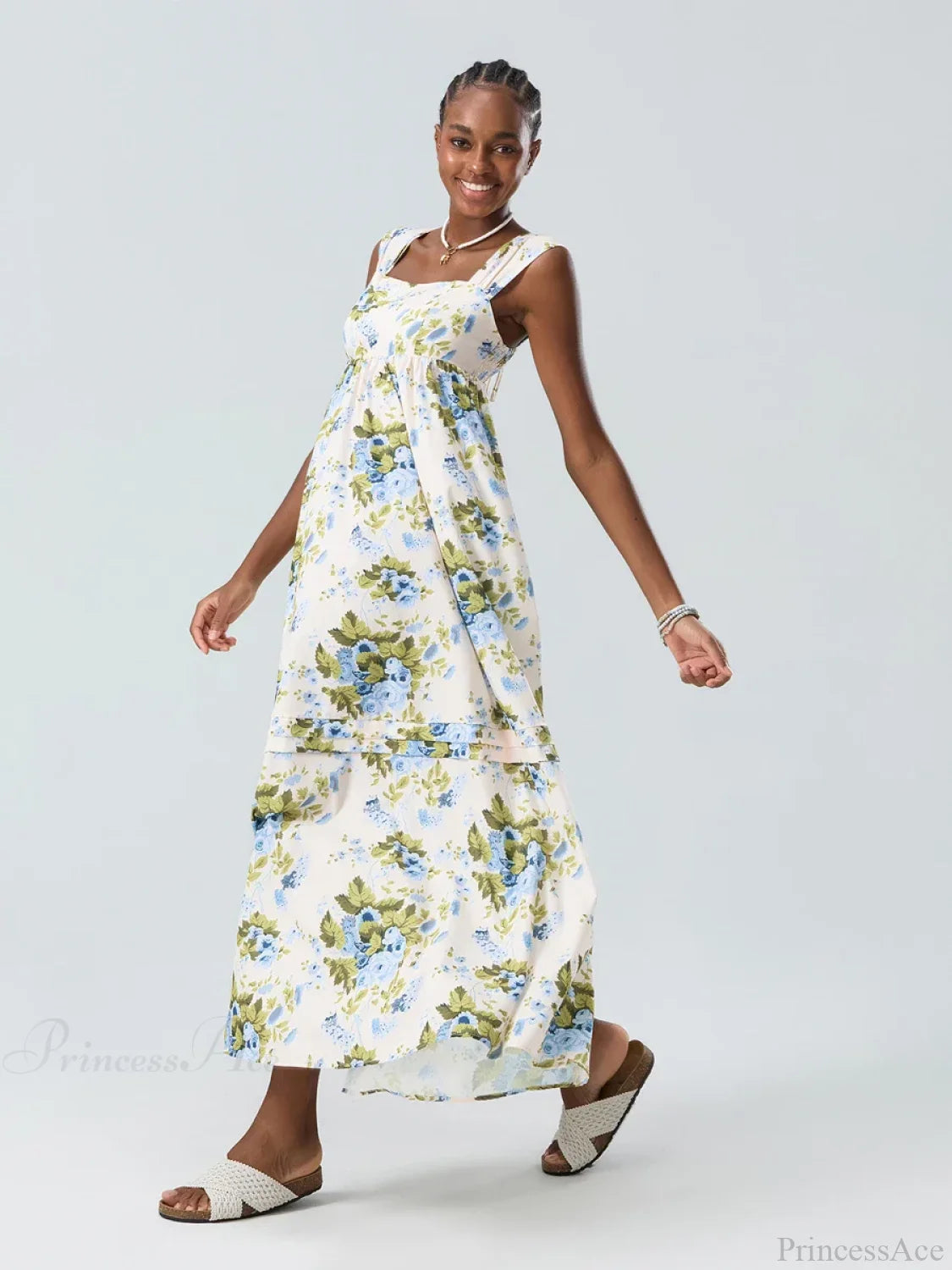 Bohemian Floral Tank Back Tied Square Neck Ruffle Flowy Floral Dress floraldress-250126