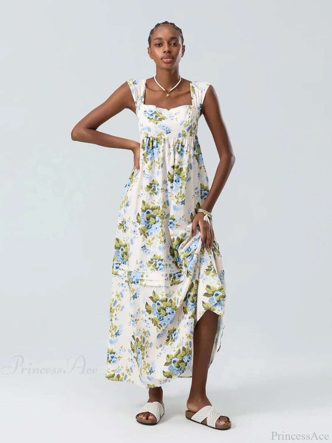 Bohemian Floral Tank Back Tied Square Neck Ruffle Flowy Floral Dress Green / S floraldress-250126