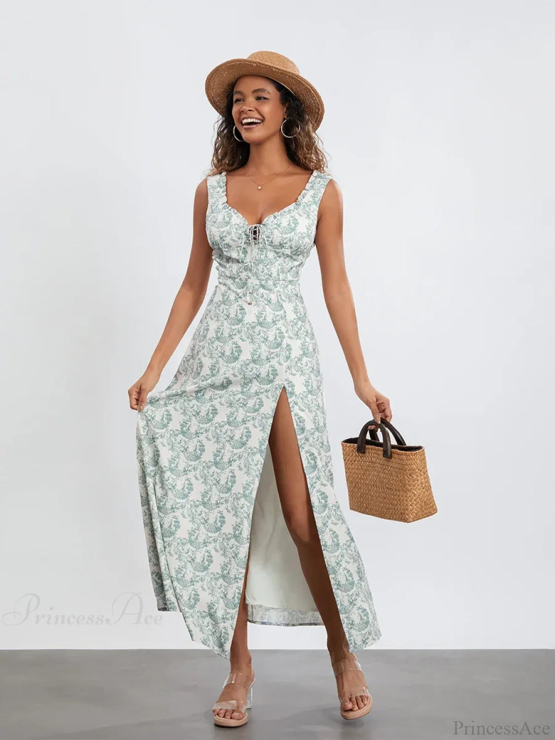 Bohemian Floral Tank Dress Sleeveless Ruffled Tie-up Sweetheart Floral Dress floraldress-250126