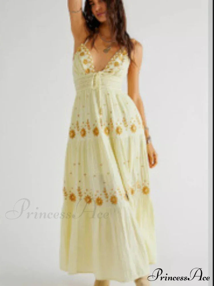 Bohemian Flower Birthday Beach Holiday Boho Dress Yellow / S