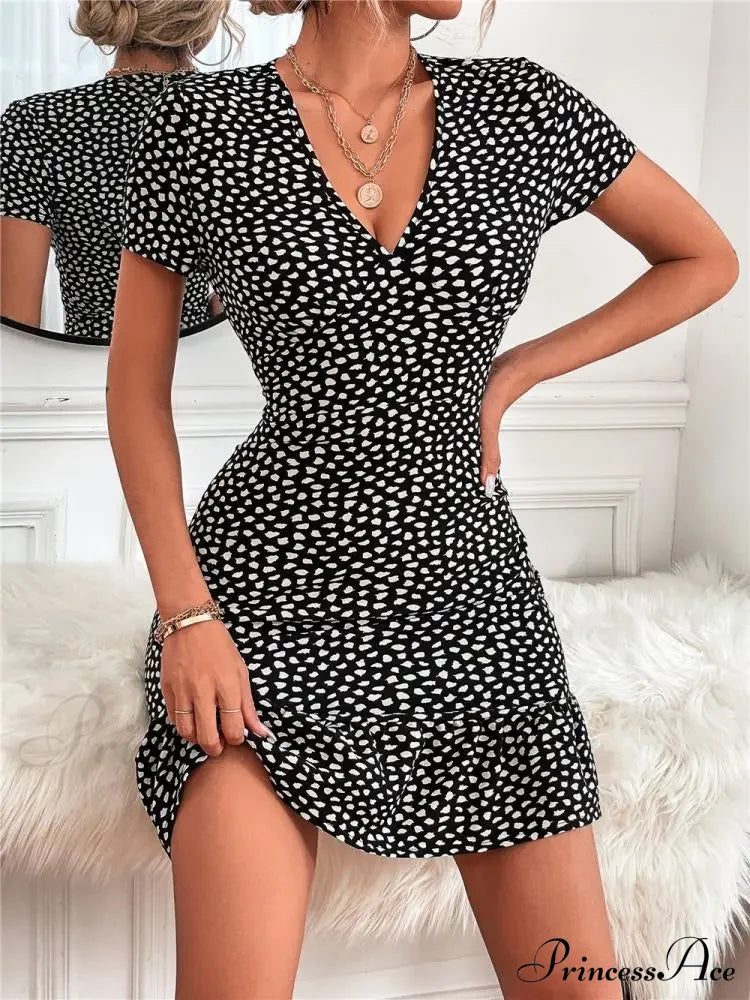 Bohemian Flower Summer Short Women Boho Dress Dots Black / S