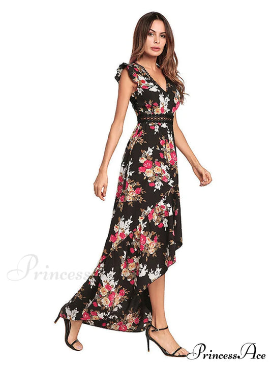 Bohemian Irregular Flowered Design V-Neck Dress S / Black Dresses