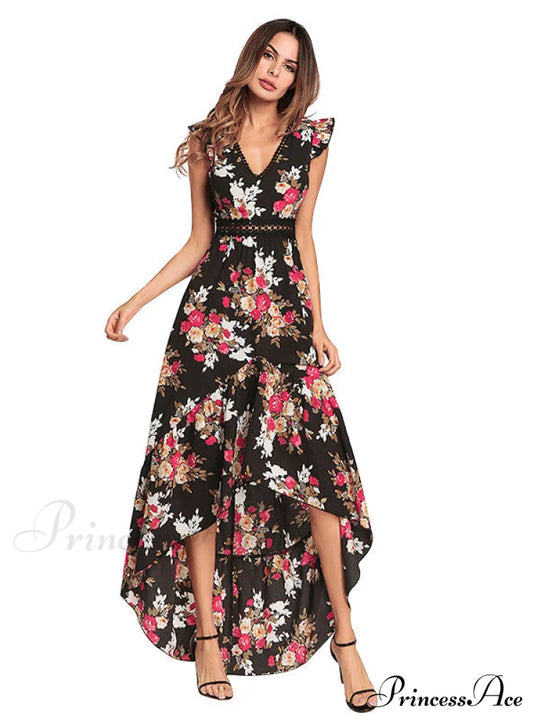 Bohemian Irregular Flowered Design V-Neck Dress S / White Dresses
