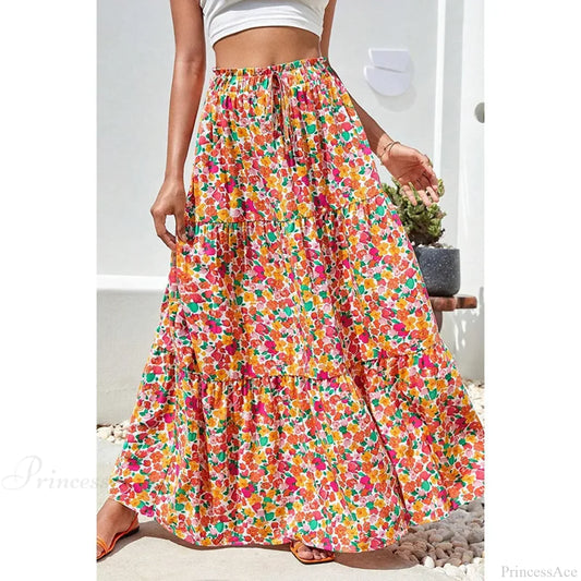 Bohemian Maxi Skirts High Waist Colorful Printed Loose A-line orange / S