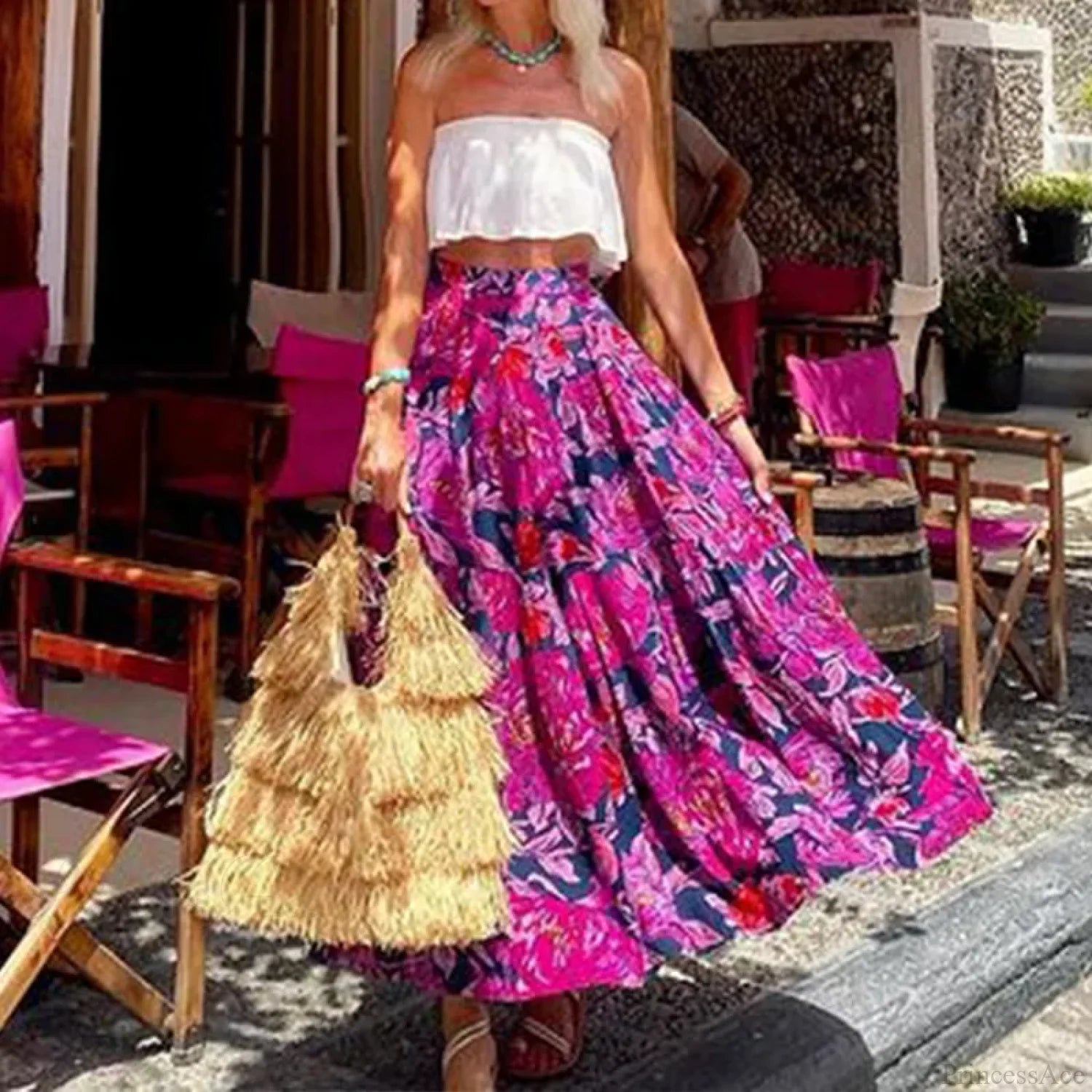 Bohemian Print Floral Summer High Waist Beach Loose Skirt skirt-250126