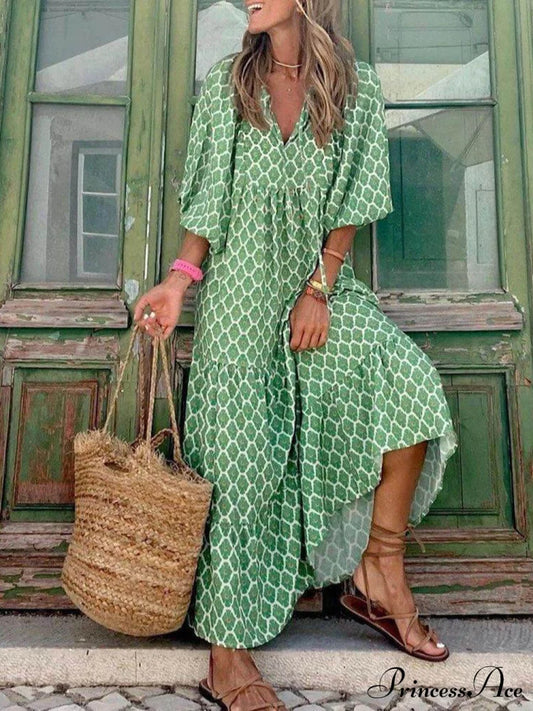 Bohemian Printed Stylish Maxi Dress Light Green / S Dresses