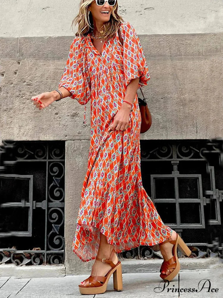 Bohemian Printed Stylish Maxi Dress Orange / S Dresses