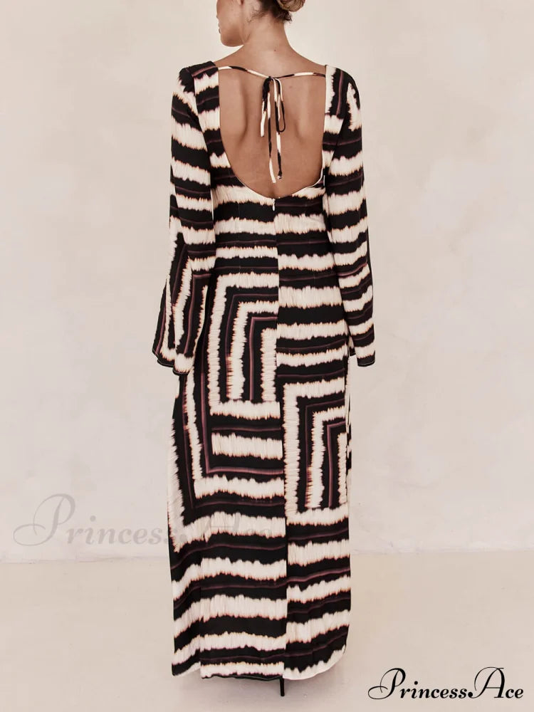 Bohemian Style Unique Printed Graceful V Tie Ring Maxi Dress Dresses