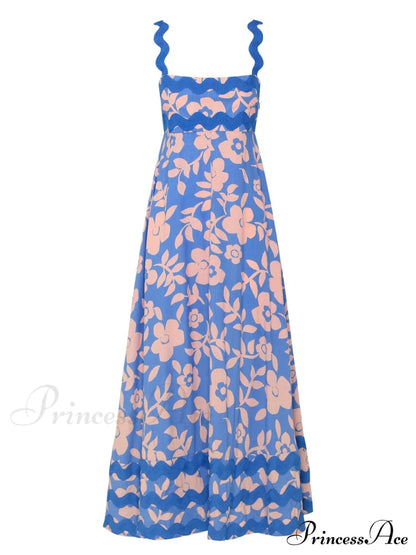 Bohemian Summer Printed A-Line Sexy Backless Spaghetti Strap Boho Dress Sky Blue / S