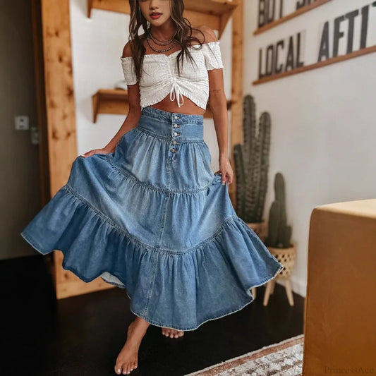Bohemian Tiered Denim Maxi Skirt Blue / S skirts-250223