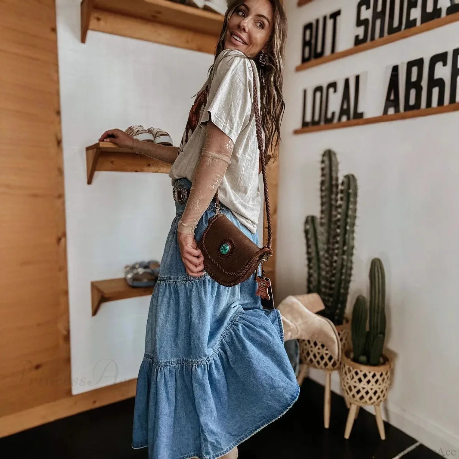 Bohemian Tiered Denim Maxi Skirt skirts-250223
