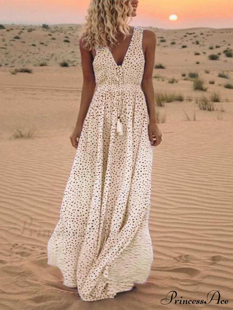 Bohemian V-Neck Sleeveless Charming Polka-Dot Maxi Skirt Beige / S Dresses