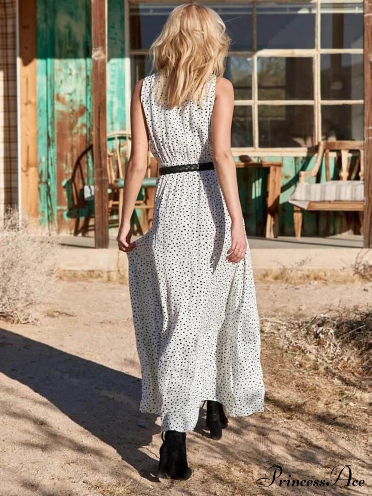 Bohemian V-Neck Sleeveless Charming Polka-Dot Maxi Skirt Dresses