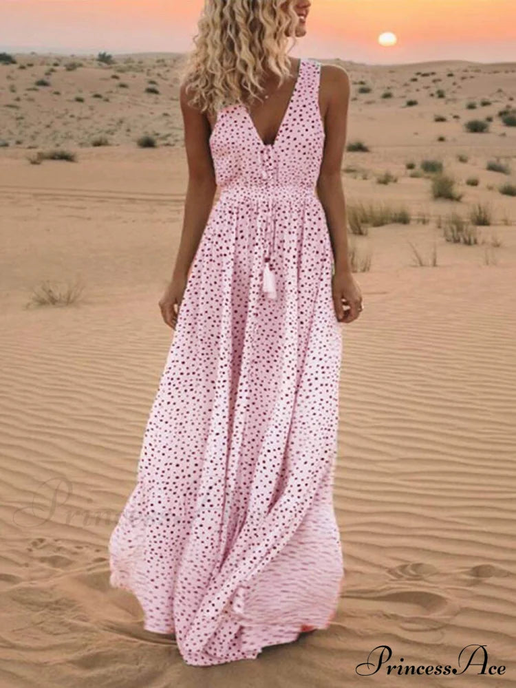 Bohemian V-Neck Sleeveless Charming Polka-Dot Maxi Skirt Pink / S Dresses