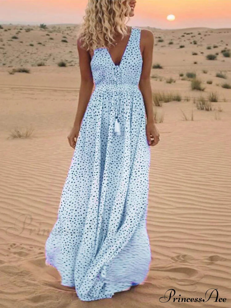 Bohemian V-Neck Sleeveless Charming Polka-Dot Maxi Skirt Sky Blue / S Dresses