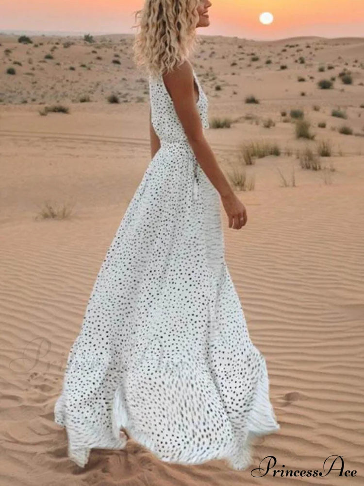 Bohemian V-Neck Sleeveless Charming Polka-Dot Maxi Skirt White / S Dresses