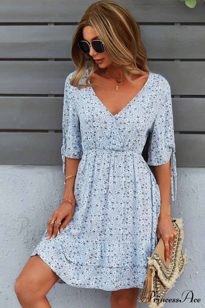 Bohemian V Neck Trendy Knoe Sleeve Mini Dress