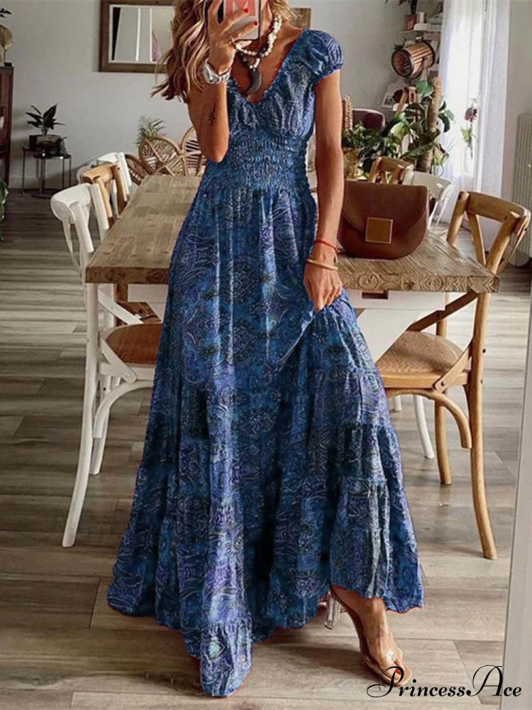 Bohemian Waisted Stylish Floral Print Dress Blue / S Dresses